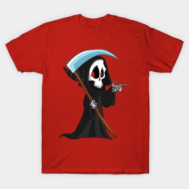 Cute Little Grim Reaper Halloween Skeleton Death T-Shirt by Gothic Rose Designs